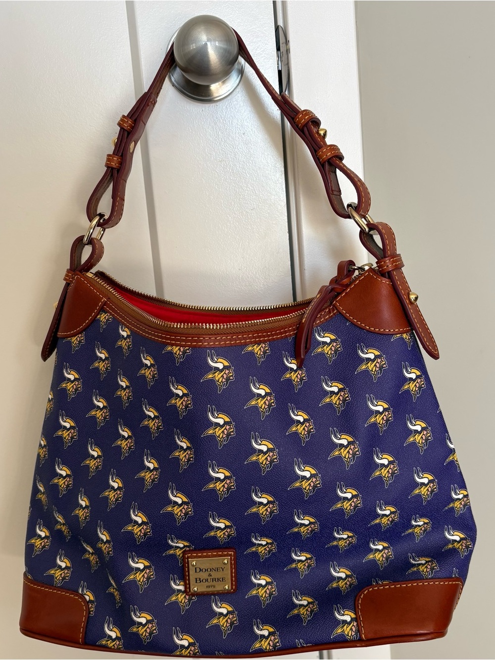 Dooney & Bourke Purple Minnesota Vikings Print Shoulder Bag with Brown Trim